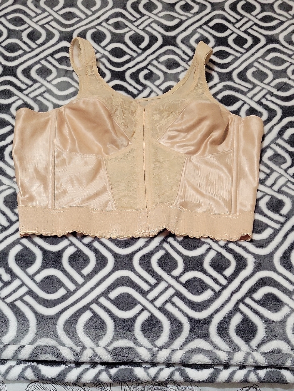 Satin Lace-Panel Longline Bra in Beige